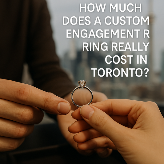 Jeweler handing a custom engagement ring to a customer with the Toronto skyline in the background; text overlay reads 'How Much Does a Custom Engagement Ring Really Cost in Toronto?