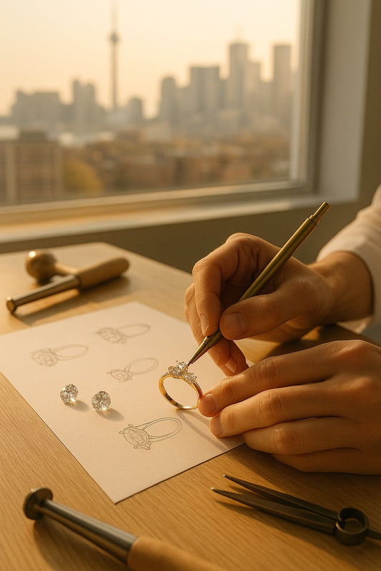 Design By Sevan sketching a custom engagement ring with loose lab diamonds in a Toronto studio