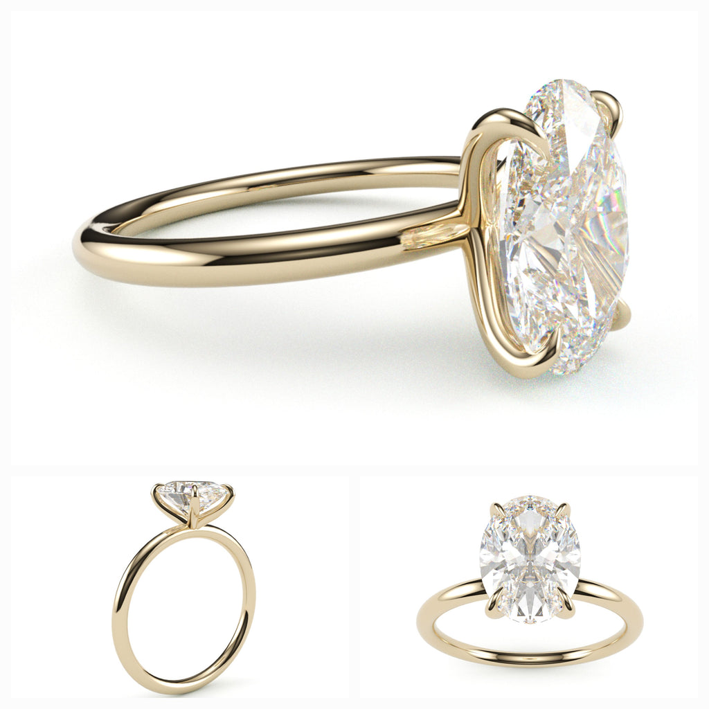 Custom solitaire engagement ring with Oval brilliant cut lab diamond set in a Yellow gold band