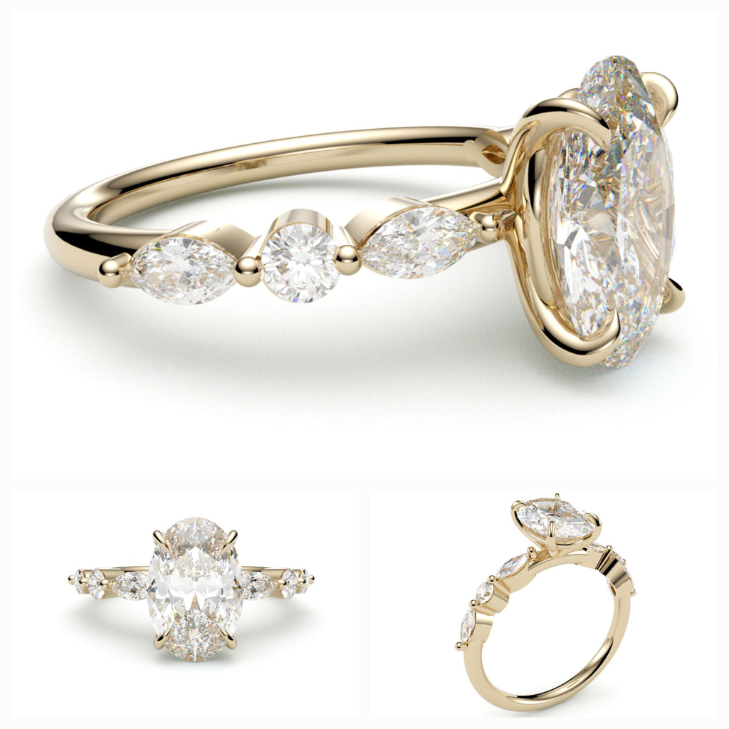 Modern oval-cut diamond engagement ring in yellow gold with accent diamonds