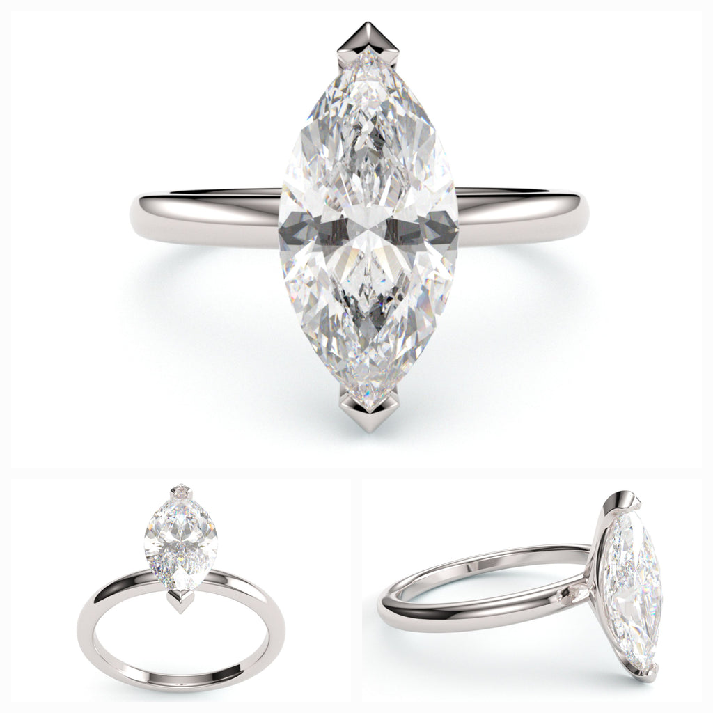 Unique white gold engagement ring with marquise-cut diamond