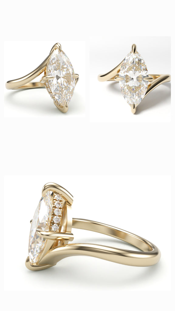 Custom marquise-cut diamond engagement ring in yellow gold with side pavé diamonds and a split shank design – handcrafted by Design by Sevan.