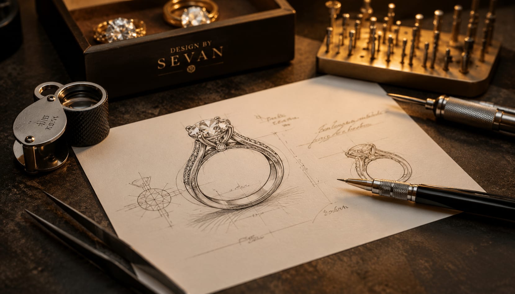 A detailed sketch of a diamond engagement ring is drawn on a piece of paper on a dark workbench, surrounded by jewelry tools, tweezers, a magnifying loupe, and a branded box that reads 'DESIGN BY SEVAN'.