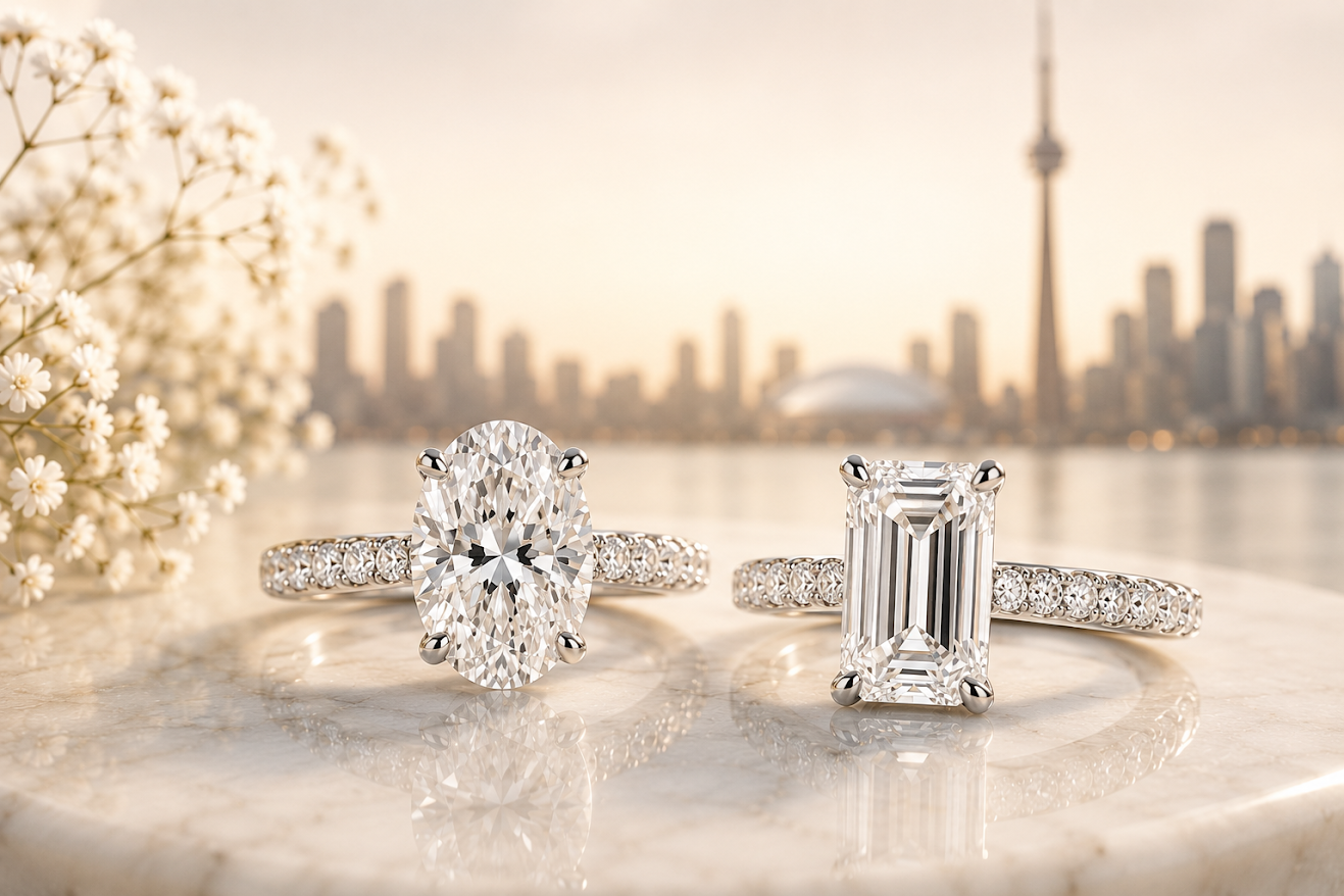 Two diamond engagement rings displayed on a polished marble surface with a softly blurred city skyline and water in the background. One ring features an oval-cut diamond, and the other features an emerald-cut diamond, both set in white metal with pavé bands.